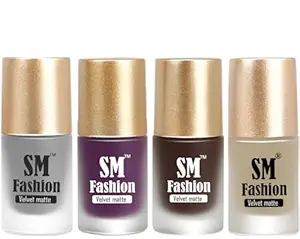 SM FASHION Matte Nail Polish Combo | Velvet Dull Matte Nail Paint Silver-Purple-Dark Wine-Top Coat (Pack of 4: 7ml each)