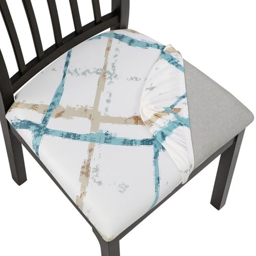 Image of SearchI Seat Covers for Dining Room Chairs Stretch Printed Chair Seat Covers Set of 4, Removable Washable Upholstered Chair Seat Protector Cushion Slipcovers for Kitchen(Geometric Stripe)