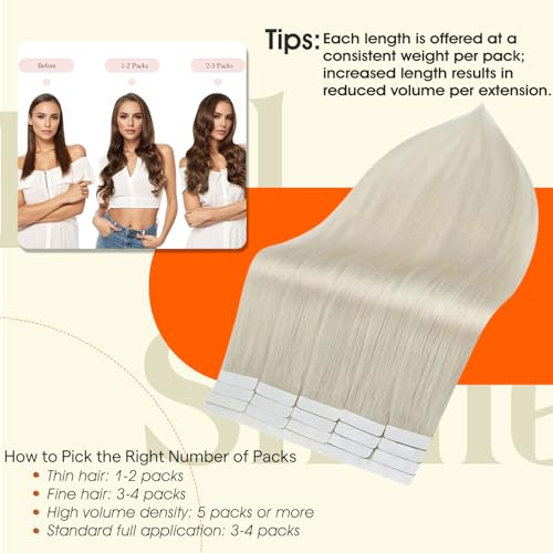 Image of Full Shine White Blonde Tape in Hair Extensions Tape in Extensions Human Hair 10Inch Seamless Invisible Remy Skin Weft Double Sided Adhesive Extension for Women Silky Straight 30G 20Pcs