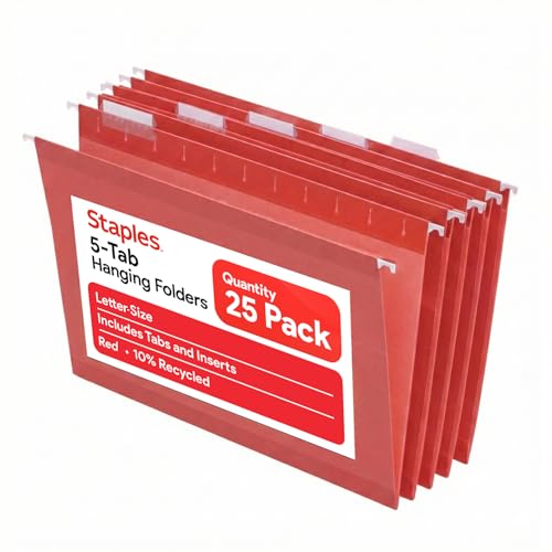 Staples Hanging File Folders, Letter Size, Red, 1/5‑Cut Tabs, Tear‑Resistant Durable Construction – 25/Pack