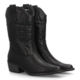 Botas Cowboy de Mujer Estilo Western con diseño Limpio y Elegante. Caña Alta con Costuras Decorativas y Cierre de Cremallera, Ancho y Comodo. Ideal Otoño Invierno. Negro Talla 38