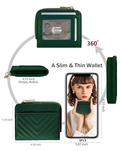 Image of Small Bifold Wallets Woman RFID Mini Wallet for Women Slim Card Holder with Zipper Coin Pocket & 2 ID Windows(Dark Green)