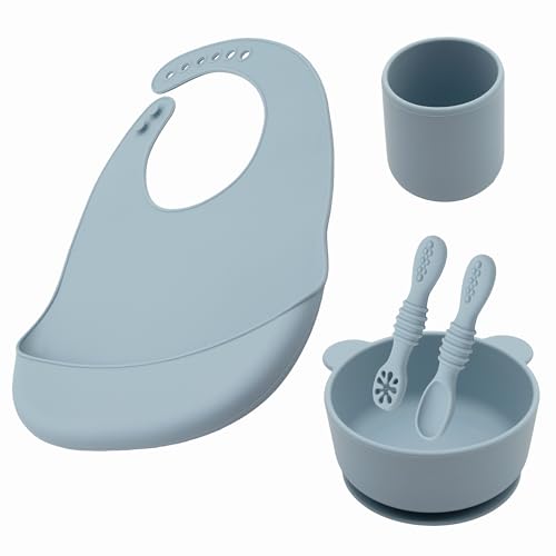 BabyX Silicone Baby Starter Kit, 5 Pieces First Feeding Set, Including Training Spoon, Fork, Cup, Bib and Bear Shaped Bowl (Blue), BPA-Free, Baby Utensils Supplies, Microwave/Dishwasher Safe