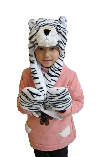 Tonwhar Cartoon Animal Hood Hoodie Hat With Attached Scarf And Mittens (White Tiger) #TOP9