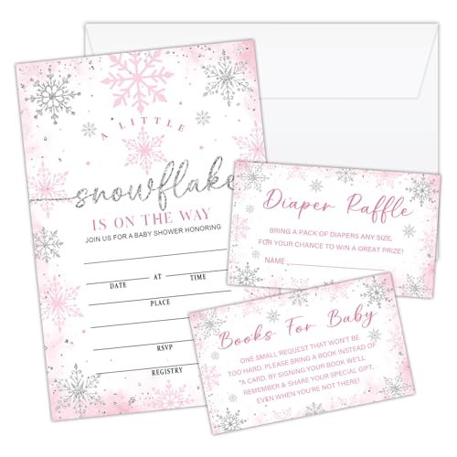 Christmas Snowflake Baby Shower Invitations Cards with Envelopes, Diaper Raffle Tickets, 25 Sets Silver Pink Winter Fill-In Invites for Gender Reveal Party Birthday Dinner Party Decorations -10