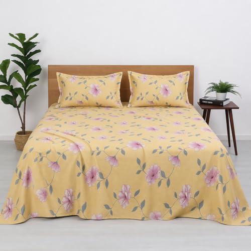 Image of Cotton Double Bedsheet with Pillow Covers - Floral Dreamscape Print, 144 TC Soft & Breathable Bedding Set (90x100 Inch), Premium Flat Bed Sheet