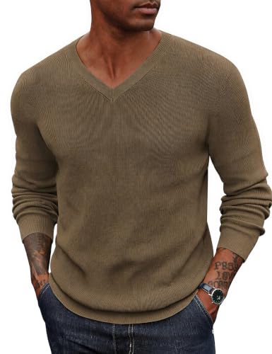 Image of COOFANDY Mens Wool Blend V Neck Sweater Long Sleeve Knit Pullover Beige