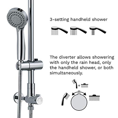 Fennocasa Polaris 1 Retrofit Rain Shower System, Rain Shower Head With 3-Setting Handheld Spray And Slide Bar, 8" Low Profile Shower Head With Hose (Chrome) #TOP1