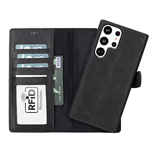 Kılıf; Samsung Galaxy S23 Ultra ile Uyumlu Çıkarılabilir Cüzdanlı, Kartlık Bölmeli, Stand Özellikli, Rfıd Engelleyici, Güçlü Mıknatıslı Kapaklı Dayanıklı Hakiki Deri Telefon Kılıfı (Rustik Siyah)