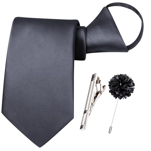 Image of Hi-Tie Pretied Boys Ties Solid Color Kids Adjustable Necktie Lapel Pin Clip Set Age 8-12 Wedding School Graduation