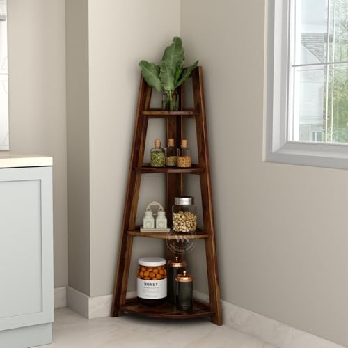 Image of Wooden Street Severino Bookshelf | 4 Tier Sheesham Wood Open Multipurpose Foldable Bookshelf | Compact Home and Office Wooden Rack | Teak Finish Bookcase |155 L x 155 W x 46 H Inches