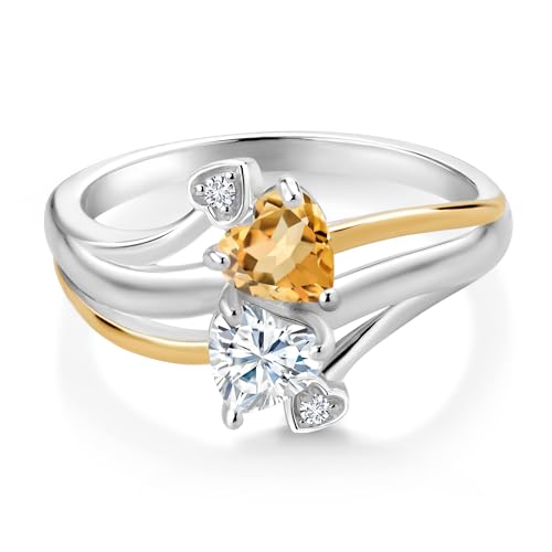 Gem Stone King 925 Sterling Silver and 10K Yellow Gold Citrine Moissanite and Lab Grown Diamond 2 Heart Promise Engagement Mother Ring (0.90 Cttw, Birthstone, Available In Size 5, 6, 7, 8, 9)2