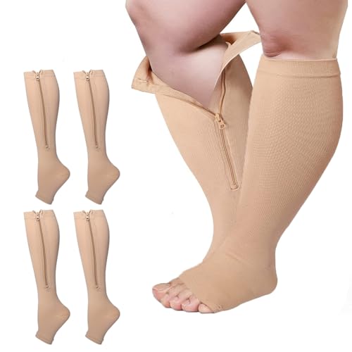 2 Packs Plus Size Compression Socks with Zipper, Knee High 15-20mmHg Socks for Women Men Open Toe Support Socks