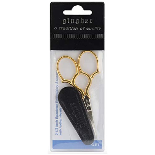 Gingher Embroidery Scissors With Sheaths. Vintage Gold Stork And Epaulette Styles. 2-Pc. Bundle, Plus Decorative 'Needleworker' Magnet #TOP2