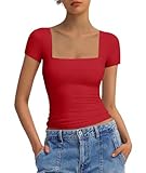 VIOPY Blusas de Mujer de Moda Casuales Playeras Básicas de Cuello Cuadrado Ajustada Camisa Mujeres Manga Corta...