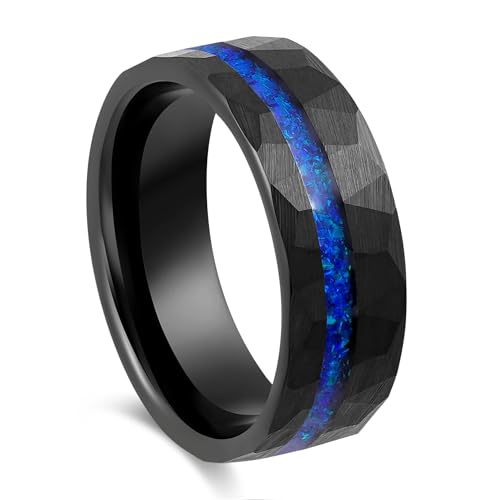 Men's Wedding Ring 8mm Black Hammered Tungsten Blue & Green Opal Inlay – Comfort Fit Mens Wedding Band with Antique Wooden Ring Box