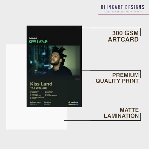 Image of BLINKART The Weekend - kiss Land Wall Photo Frames | Wall Art for Bedroom, Living Room, Studio or Office | Album Cover Print with Spotify Song Link QR Code | Gift for Fans - 8x12 In