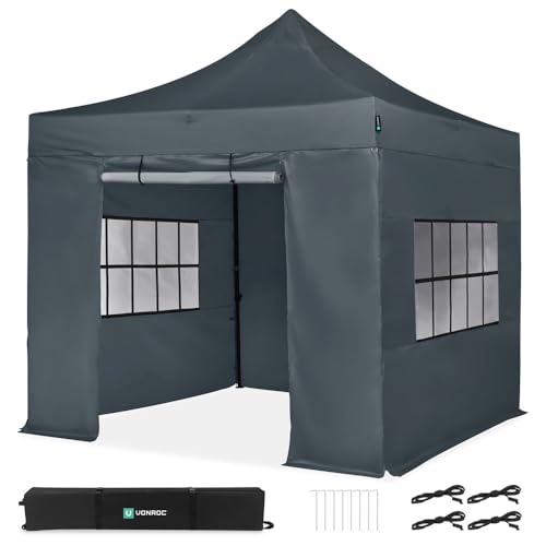 VONROC Tente de réception Premium Easy-Up VONROC – 3x3 m - Ensemble INCL. parois latérales - Design modulaire – Pliable –Imperméable – Cadre en Acier -Protection UV 50+ - INCL. Sac de Rangement -Gris