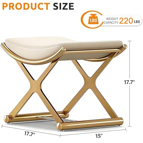 CHSSIH Vanity Stool Chair for Makeup - Small Backless Leather Stool for Vanity - Modern Ottoman Bench Seat with Metal X Legs, Footstool for Bathroom & Living Room - Gold
