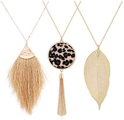 LENOOCLE Long Necklace for Women Tassel Pendant Necklace Leaf Necklace Leopard Print Leather Y Shape Lariat Sweater Necklace Set