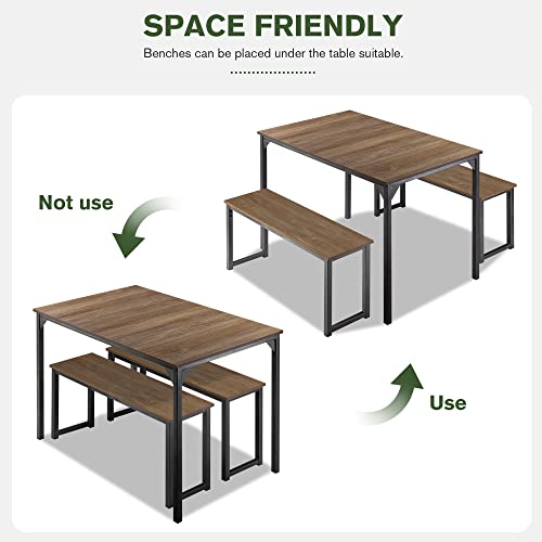 Imusee 45" Dining Table Set For 4, 3-Pieces Kitchen & Dining Room Sets With Benches, Metal Frame And Wood Board, Sturdy Structure, Easy Assembly, Small Space Dinette, Brown & Grey #TOP4