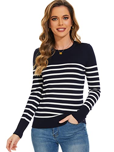 Image of Sweaters for Women Striped Crew Neck Pullover Sweater Lightweight Long Sleeve Fall Knit Tops