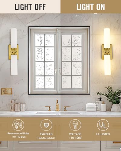 Image of Emak 21 Inch Brushed Gold Bathroom Light Fixtures, 2-Light Vanity Lights with Milk Glass Shade, Modern Wall Sconce for Bathroom, Mirror, VL086-BGD-ML-2