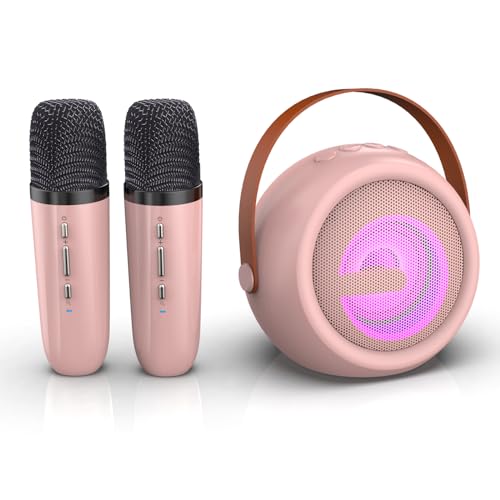 Karaoke Machine for Kids, Portable Bluetooth Karaoke Speaker with 2 Wireless Microphone Pink