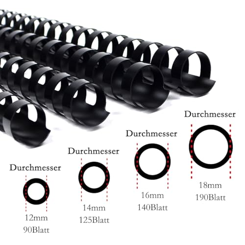 RAYSON Plastikbinderücken, 90-140 Blatt,12 mm 14 mm 16 mm 18 mm, 21-Ring, Multi-Size, DIN A4, Schwarz, Packung mit 80 Stück