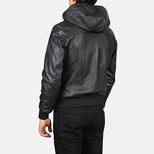Mens Genuine Black Hooded Bomber Leather Jacket | Real Lambskin Leather Jackets For Men With Hood (Large) #TOP4