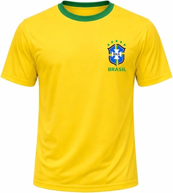 Camisa de Futebol Brasil Amarela com Verde, Número 10, Escudo CBF, Estilo Seleção Brasileira