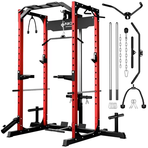 Mikolo Power Cage, Power Rack with LAT Pulldown, 1200 Pounds Capacity Workout Cage with More Training Attachments, Squat Rack for Home Gym, Red