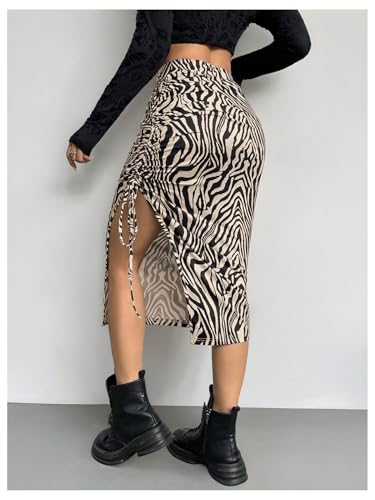 Verdusa Women's Animal Print Drawstring Thigh Slit Bodycon Skirt Elegant Ruched Long Skirts2