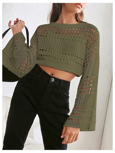Image of RoseSeek Girl's Hollow Out Knitted Crop Sweater Long Sleeve Crew Neck Drop Shoulder Sheer Pullovers Knitwear