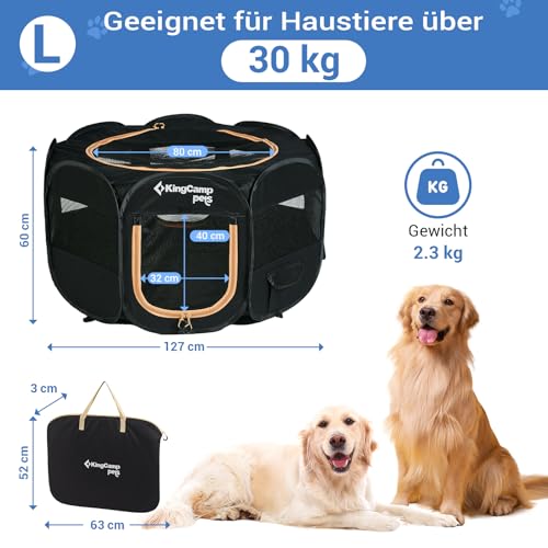 KingCamp Welpenlaufstall, Tierlaufstall, Tragbarer Welpenauslauf, Laufstall für Hunde, Katzen, Welpen, im Innen- und Außenbereich, für Wohnung mit Tragetasche und Hering Schwarz L