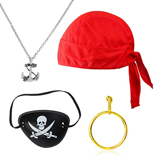 Beelittle 4 Piezas Captain Pirate Costume Set de Accesorios Doo Rag Skull Cap Pirate Eye Patch Gold Earrring Necklace Halloween Pirate Accessories Kit (A)