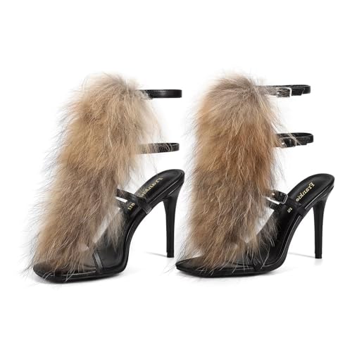 Frankie Hsu Real Genuine Fox Fur Stiletto High Heeled Sandal Gladiator Black Brown Furry Fuzzy Fluffy Plush Fur Heels Shoes For Women