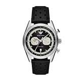 Emporio Armani Orologio cronografo da uomo con cinturino in acciaio inossidabile o pelle, orologio elegante da uomo, Argento / Nero Perf Pelle, Racer
