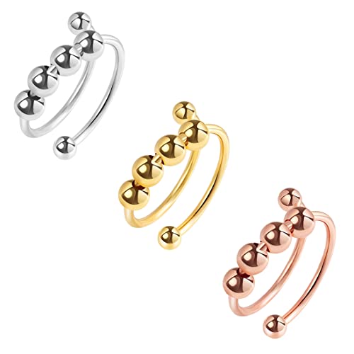 SURALIN 3PCS Kvinnors Antistress Ring, Justerbar Stress Ring, Spinner Ring med pärlor Stress Ringar