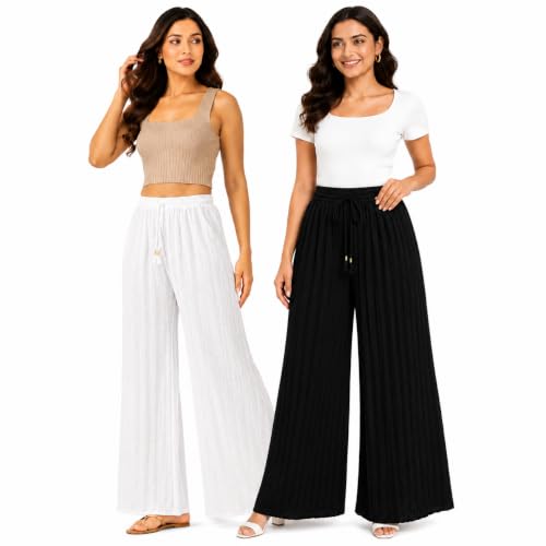 Image of Khajuri Palazzo for Women /Girls Free Size All Day Comfort Palazzo Trouser Pants Full Length Summer wear Travel Flared Stretchable Comfortable