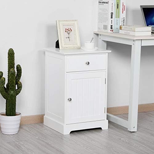 Yaheetech White Bedside Table with Cupboard, Modern Bedside Cabinet with Lid & Drawer, Wooden Side Table End Table Storage Unit for Living Room/Bedroom/Hallway/Office