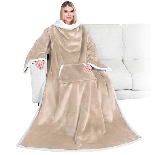 PAVILIA Sherpa Wearable Blanket with Sleeves and Pocket, Plush Thick