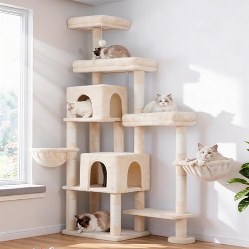 Hey-brother Cat Tree Tower, Scratching Posts with a Extended Part, Wide Platforms, Cozy Condos, Hammocks, Sisal Columns and Ball for Indoor Cats, 180 cm, Beige MPJ038M
