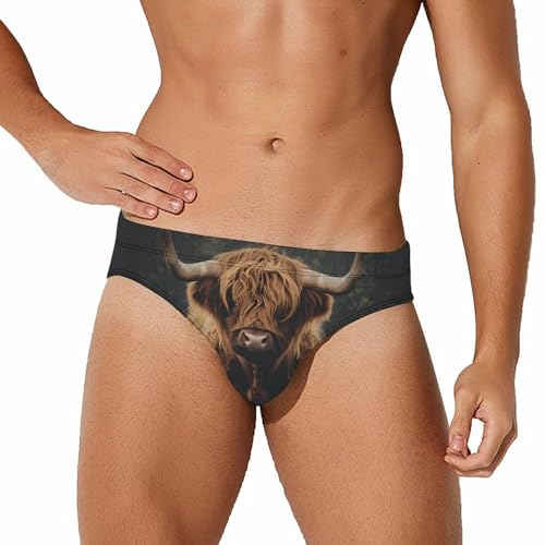 Highland Cow Mens Swim Briefs Bikini Swimwear Print Beach Shorts Sexy Swimsuit M