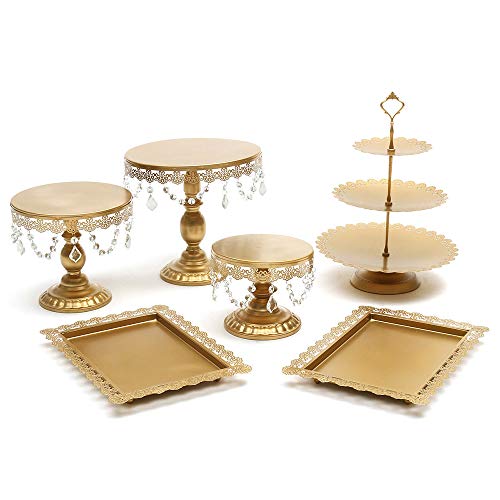 Lucky Monet 6Pcs Crystals Cake Stand Cupcake Tower Stand Wedding Plates Set Metal Round Party Dessert Display Décor with Crystals Beads (6pcs, Gold)