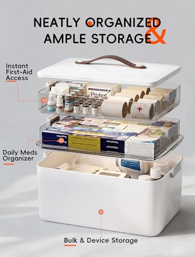 Image of Medicine Organizer Box, 3-Tier Medicine Storage Box with Clear Trays and Carry Handle, Empty First Aid Kit Organizer for Pills, Bottles, Bandages, Home Cabinet
