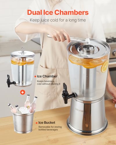 Image of VEVOR Beverage Dispenser, 2.1 Gallon Drink Dispenser for Parties, Stainless Steel + Plastic Juice Dispensers with Spigot Ice Chamber, Iced Tea Lemonade Juice Water Dispensers, for Restaurants, Hotels