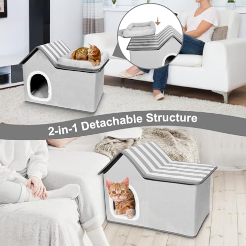 MASTERTOP Cat House for Indoor Cats, 2 in 1 Large Cat Cave with Removable Cushions, Multifunctional Cat Bed Hideaway for Indoor Small Medium Pets - Grey, 57 x 38.5 x 40cm - Image 5