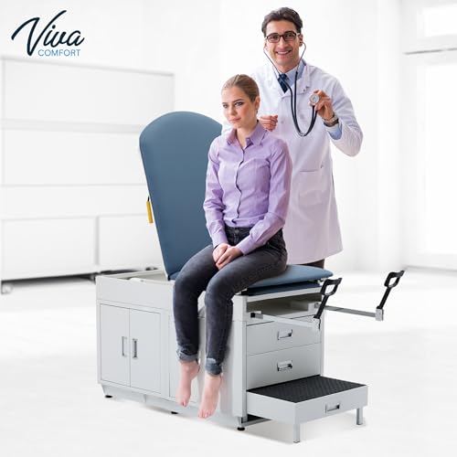 Viva Comfort Grande Medical Exam Table, Adjustable Exam Bed with Step Stool, Storage Cabinets, Foot Rest and Stirrups,47.64” L x 26.77” W x 29.13” H, Blue