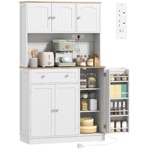 HOMCOM 173 cm Tall Kitchen Cupboard Pantry Storage Cabinet, White | Charging Station, Microwave Stand, Adjustable Shelves, 4 Door Racks, Farmhouse Kitchen Cabinet, Dining Room